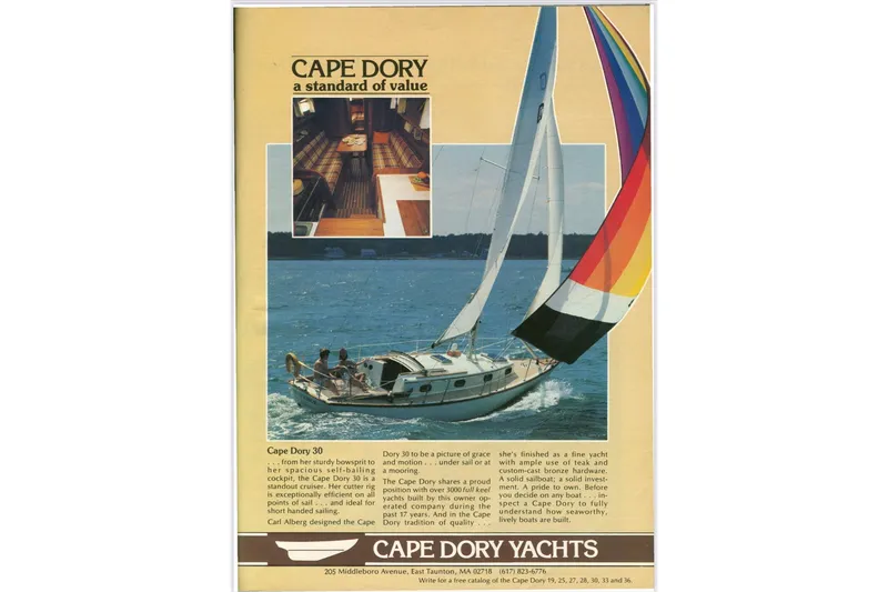 Slide: The Image of Cape Dory 30 sailboat advertisement, showcasing 1981 model with colorful sails and interior view. - 13
