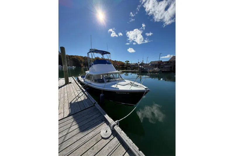 Slide: The Image of 1963 Bertram 31 Flybridge Cruiser docked under a sunny sky. - 5
