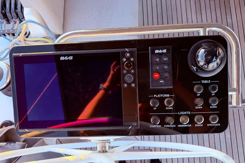 Slide: The Image of Control panel of 2022 Beneteau Oceanis Yacht 54 with navigation display and compass. - 19