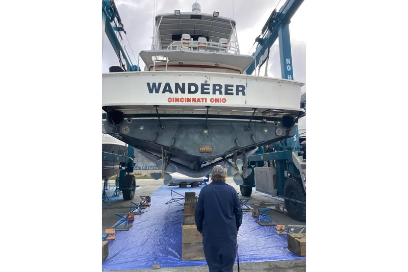 Slide: The Image of 1987 Bertram 54 Convertible yacht "Wanderer" in dry dock, Cincinnati, Ohio. - 2