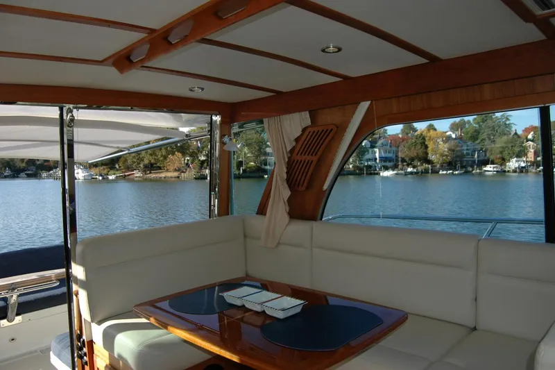 Slide: The Image of Interior of 2019 Sabre 38 Salon Express yacht with waterfront view. - 59
