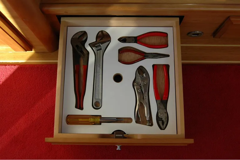 Slide: The Image of Drawer with assorted tools on a 2019 Sabre 38 Salon Express boat. - 61