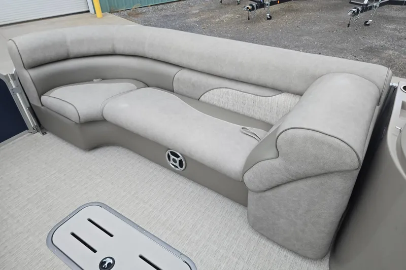 Slide: The Image of 2019 Premier 240 SunSation pontoon boat interior with plush gray seating. - 29