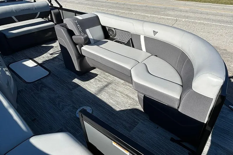 Slide: The Image of 2025 Viaggio Z22D boat interior with gray seating and modern design. - 39