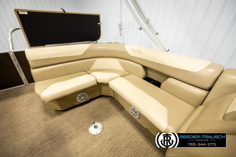 Slide: The Image of Luxurious seating on 2022 SunChaser 20 Geneva CRS pontoon boat, featuring beige upholstery. - 23