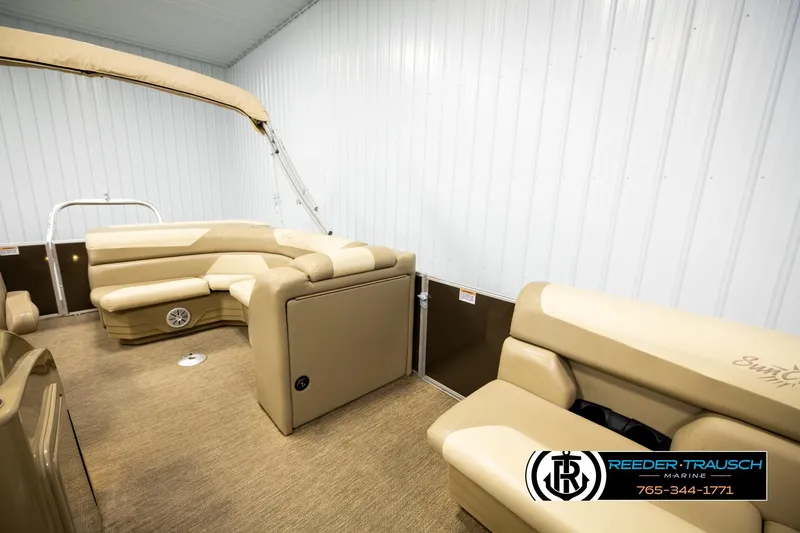 Slide: The Image of Interior of 2022 SunChaser 20 Geneva CRS pontoon boat with beige seating. - 24