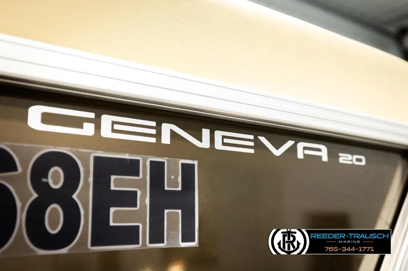 Slide: The Image of 2022 SunChaser 20 Geneva CRS boat with registration number and Reeder-Trausch Marine logo. - 49