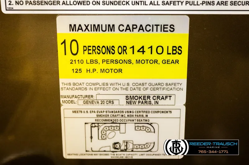 Slide: The Image of 2022 SunChaser 20 Geneva CRS capacity label, 10 persons or 1410 lbs, 125 HP motor. - 51