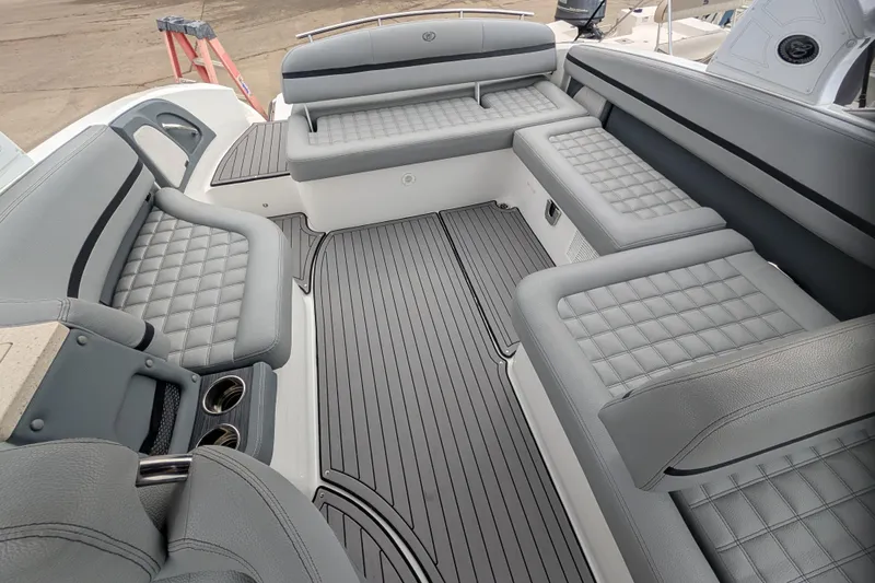 Slide: The Image of Luxurious interior of 2021 Cobalt R7 boat with gray seating and sleek design. - 11