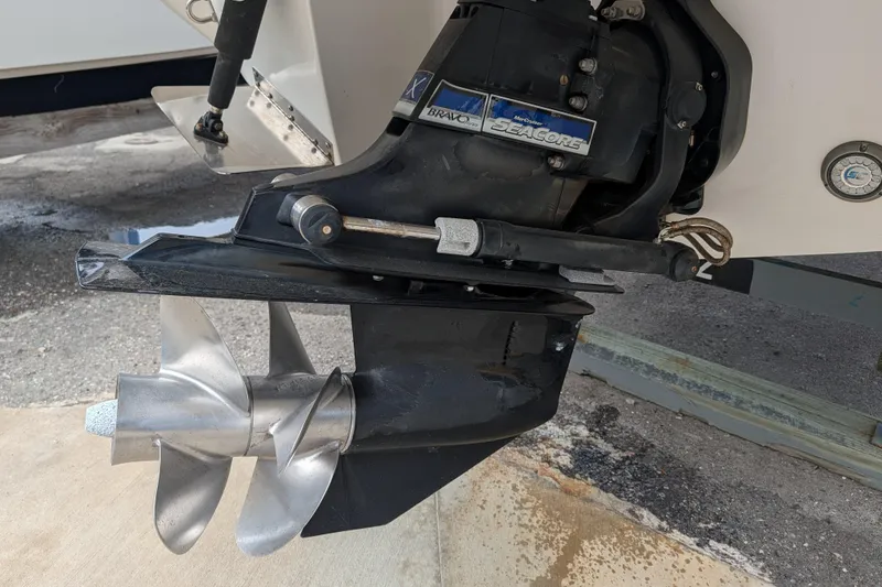 Slide: The Image of 2021 Cobalt R7 boat propeller and outdrive, featuring MerCruiser Bravo Seacore system. - 17