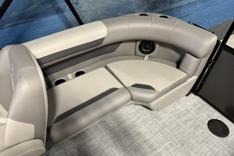 Slide: The Image of Luxurious seating in 2026 Premier 200 Sunscape RF boat, featuring sleek gray upholstery. - 15