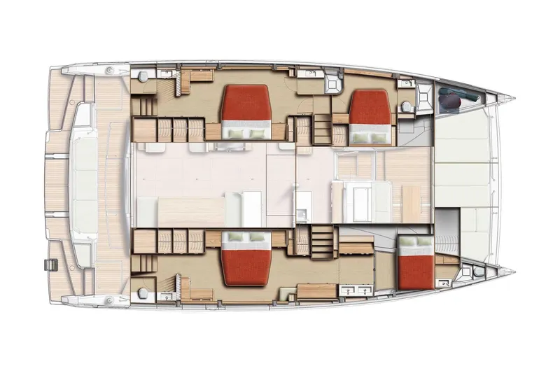 Slide: The Image of Floor plan of a 2026 Bali 5.8 catamaran, featuring multiple cabins and living spaces. - 20
