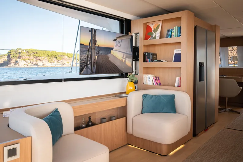 Slide: The Image of Luxurious interior of 2026 Bali 5.8 yacht with modern furnishings and scenic ocean view. - 5