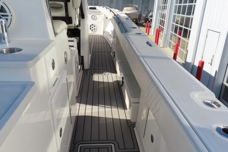 Slide: The Image of 2018 HCB 53 boat interior with sleek design and modern amenities. - 33