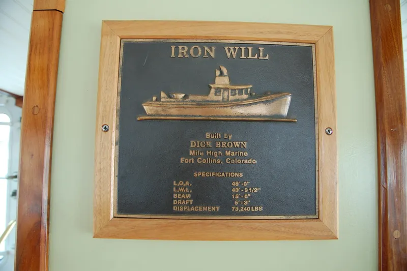 Slide: The Image of Plaque of "Iron Will" boat specifications, built by Dick Brown, Mile High Marine. - 91