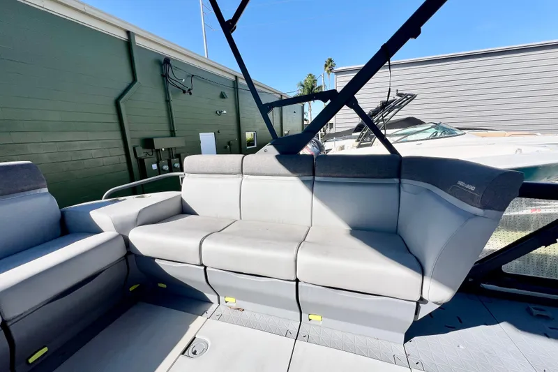 Slide: The Image of 2023 Sea-Doo Switch Cruise 21 interior seating with modern design and comfortable upholstery. - 11