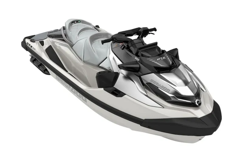Slide: The Image of 2026 Sea-Doo GTX Limited 325 jet ski, sleek design, silver and black color scheme. - 2