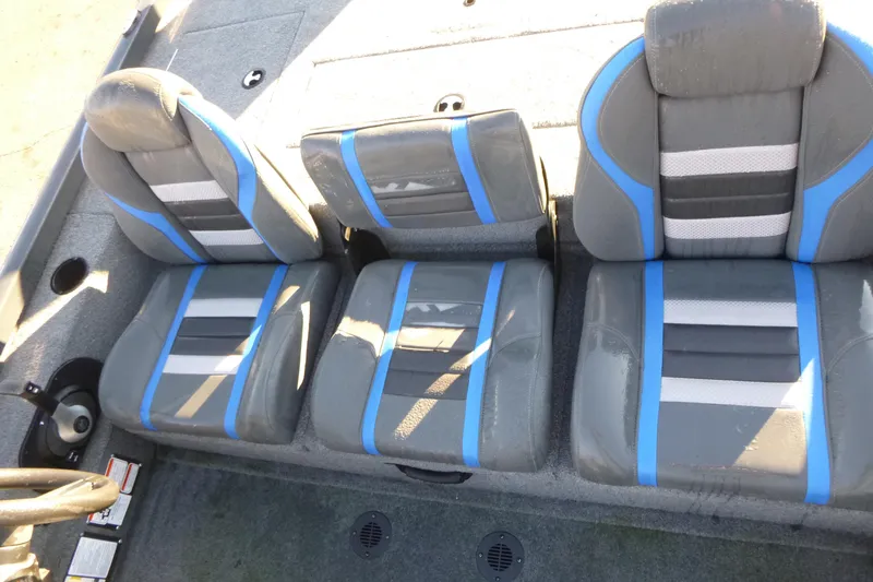 Slide: The Image of 2022 Ranger RT188P boat seats with gray and blue accents, top view. - 8