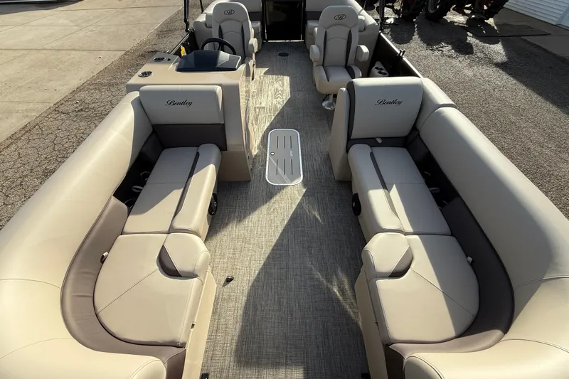 Slide: The Image of 2026 Bentley Pontoons Legacy 223 Navigator interior with luxurious seating and modern design. - 8