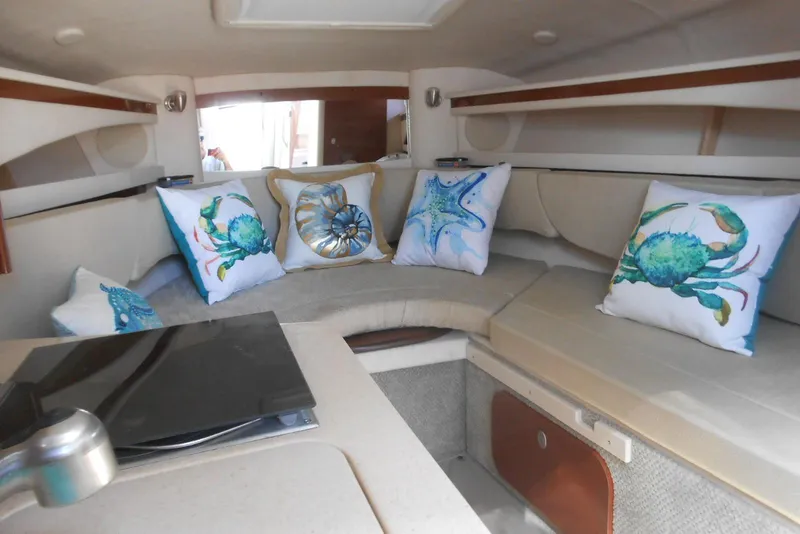 Slide: The Image of Interior of 2008 Sea Ray 260 Sundancer with nautical-themed pillows on seating area. - 14