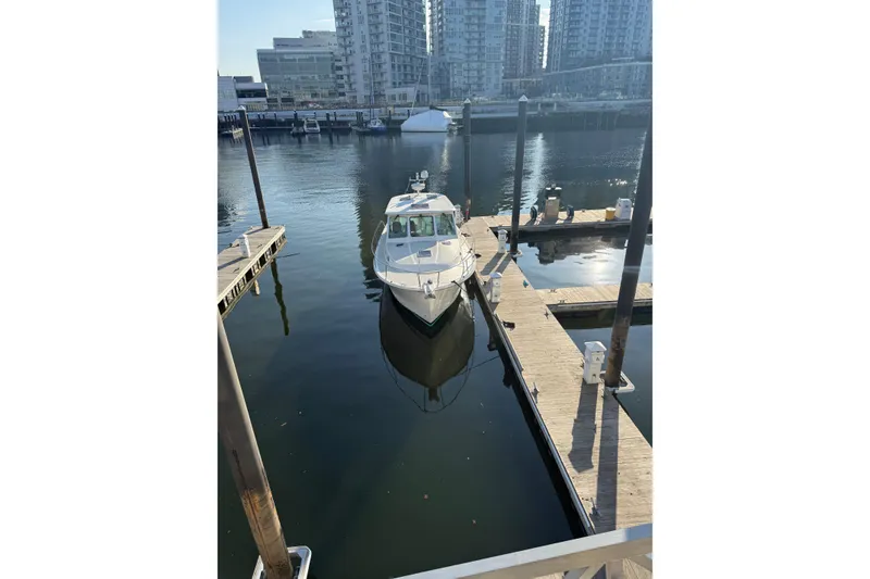 Slide: The Image of 2014 Back Cove 37 yacht docked in urban marina with cityscape background. - 15