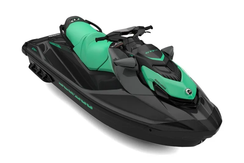 Slide: The Image of 2026 Sea-Doo GTI SE 170 jet ski in black and green, side view. - 2