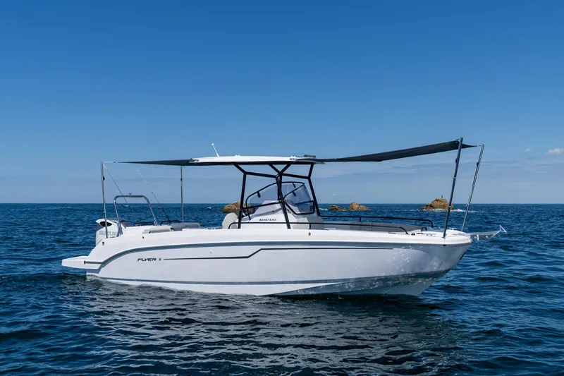 Slide: The Image of 2023 Beneteau Flyer 8 SPACEdeck boat on open water, side view. - 23