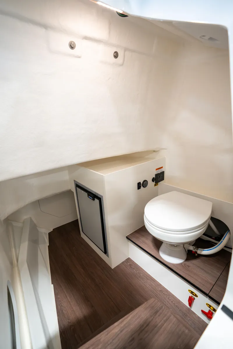 Slide: The Image of 2023 Beneteau Flyer 8 SPACEdeck interior with modern marine toilet and storage. - 28
