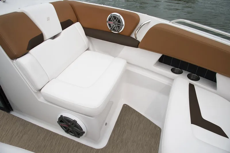 Slide: The Image of Manufacturer Provided Image: 2019 Four Winns Horizon H290 OB boat interior seating with brown and white upholstery. - 30