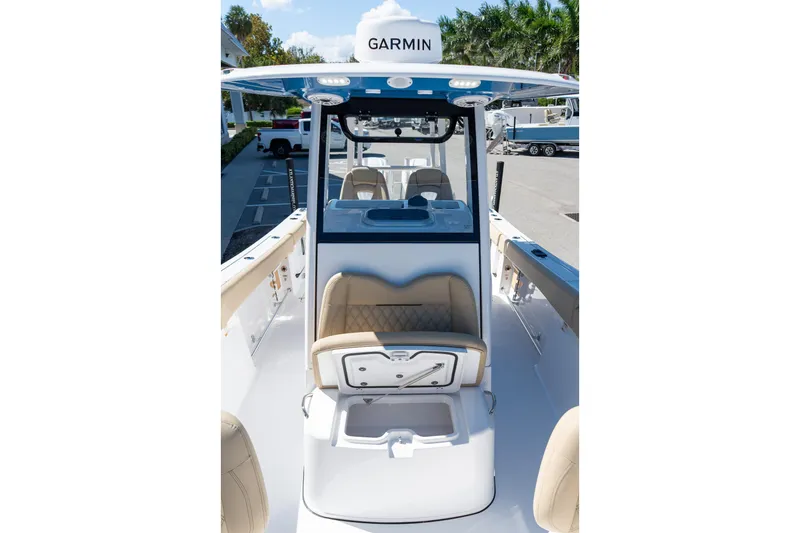 Slide: The Image of 2026 Sportsman Open 282 Center Console boat interior with Garmin equipment. - 12
