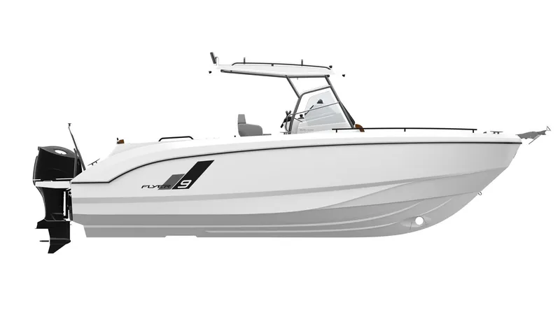 Slide: The Image of 2025 Beneteau Flyer 9 SPACEdeck, sleek white motorboat side view. - 17