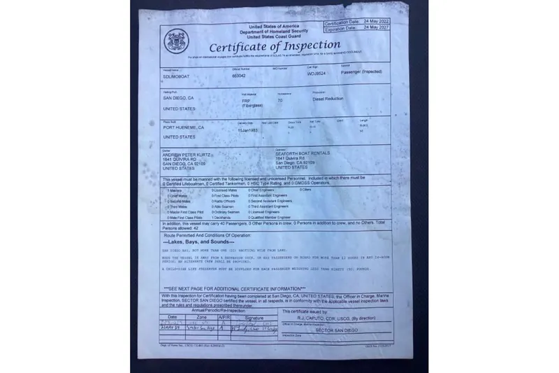 Slide: The Image of Certificate of Inspection for 1983 Custom Limo Boat, issued by U.S. Coast Guard. - 21