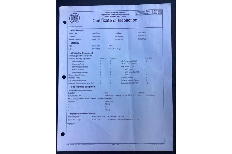 Slide: The Image of Certificate of Inspection for Custom 1983 Limo Boat, issued by U.S. Coast Guard. - 22