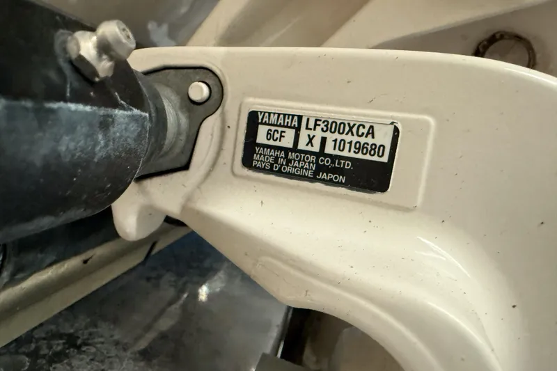 Slide: The Image of Yamaha LF300XCA engine label on 2021 Cobia 350 CC boat. - 4