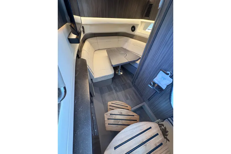 Slide: The Image of Luxurious bathroom in 2023 Sea Ray SLX 400 yacht with modern fixtures and elegant design. - 48