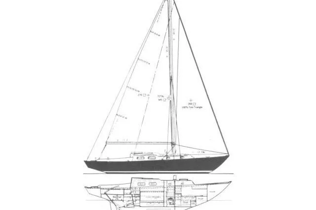 Slide: The Image of Blueprint of 1965 Pearson Alberg 35 sailboat, side and interior views. - 33