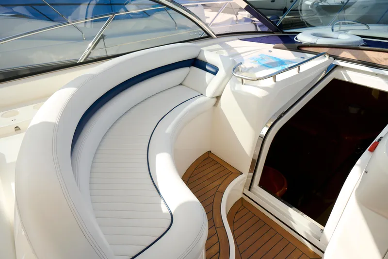 Slide: The Image of Luxurious Sunseeker Camargue 50 yacht interior with elegant white seating, 2000 model. - 34