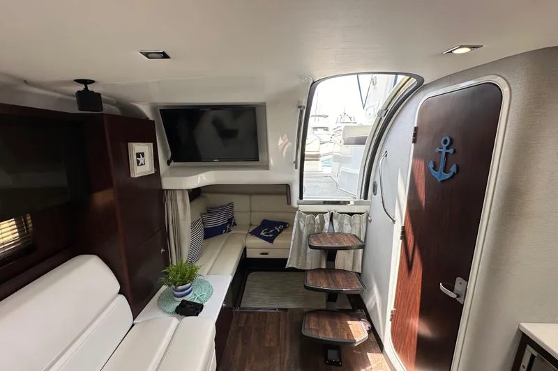 Slide: The Image of Interior of 2020 Monterey 355 Sport Yacht with modern seating and nautical decor. - 50