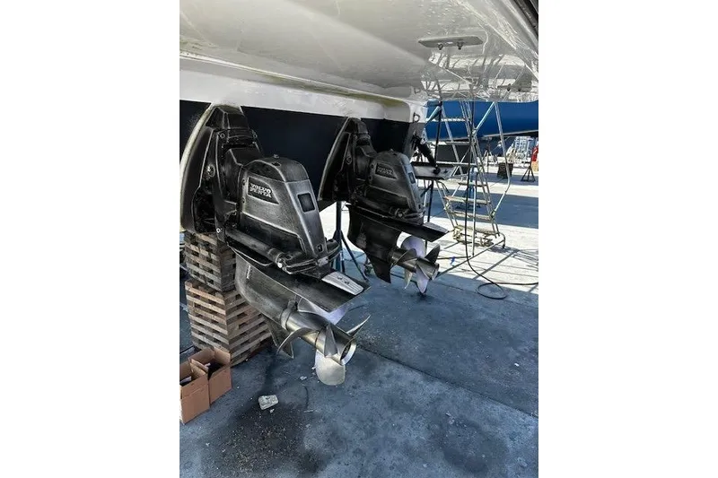 Slide: The Image of 2020 Monterey 355 Sport Yacht dual propellers in dry dock maintenance. - 75