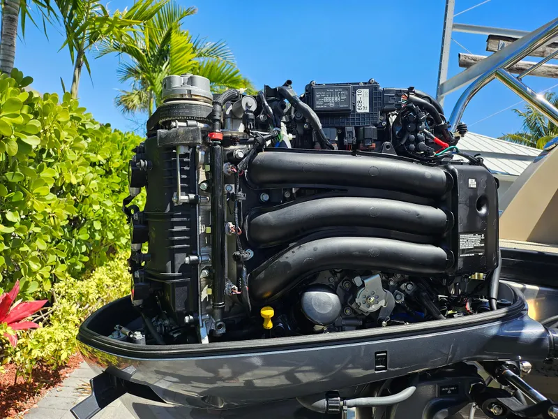 Slide: The Image of 2020 Godfrey Sanpan 2400 SBC engine, detailed view, outdoors with lush greenery and blue sky. - 11