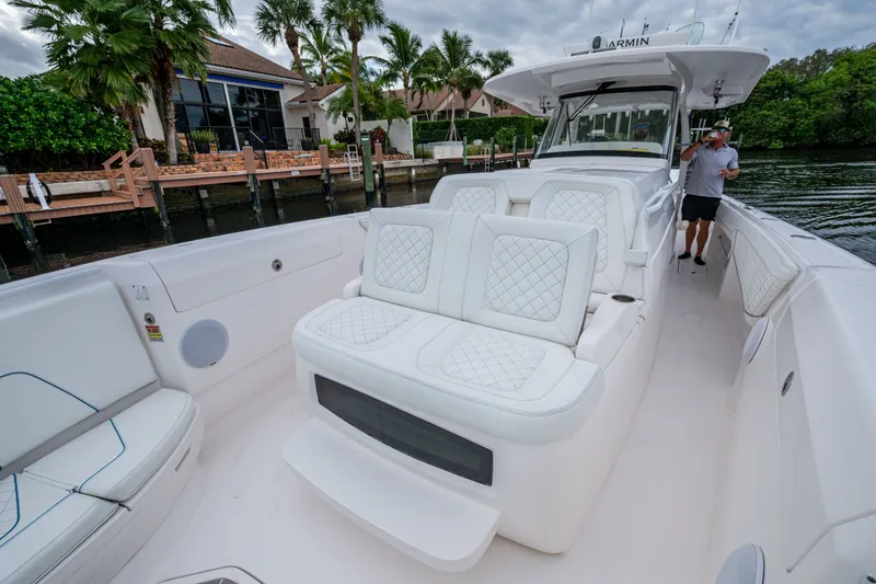 Slide: The Image of 2020 Intrepid 407 Panacea boat with luxurious seating and modern design. - 17