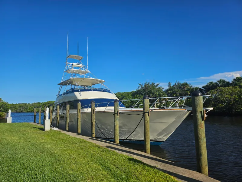 Slide: The Image of 1991 Donzi 65 Sportfisherman yacht docked by a grassy shore on a sunny day. - 18