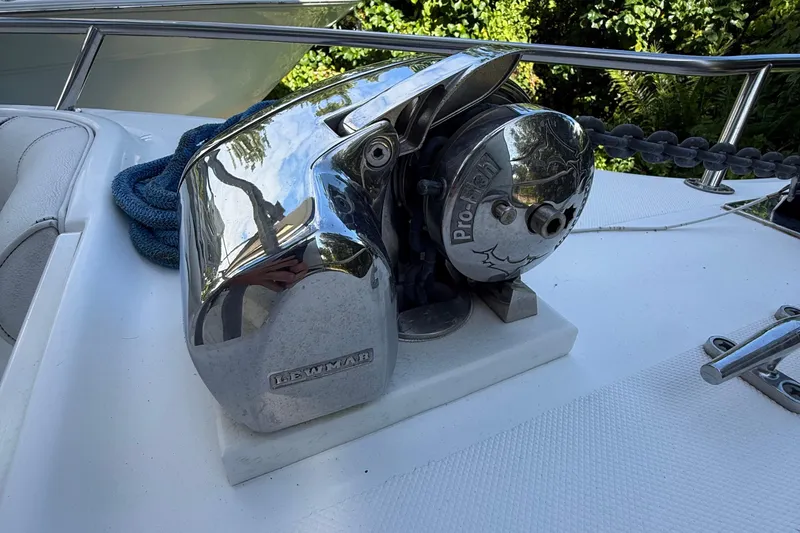 Slide: The Image of Chrome boat winch on 2008 Century 2901 Center Console, surrounded by greenery. - 14