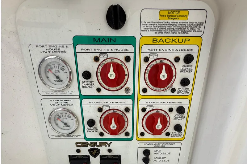 Slide: The Image of Control panel of a 2008 Century 2901 Center Console boat with volt meters and battery switches. - 56