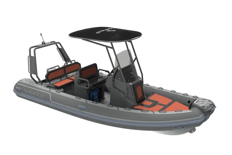 The Image of 2026 Highfield Sport 560 boat with sleek design, orange seating, and protective canopy. - 0