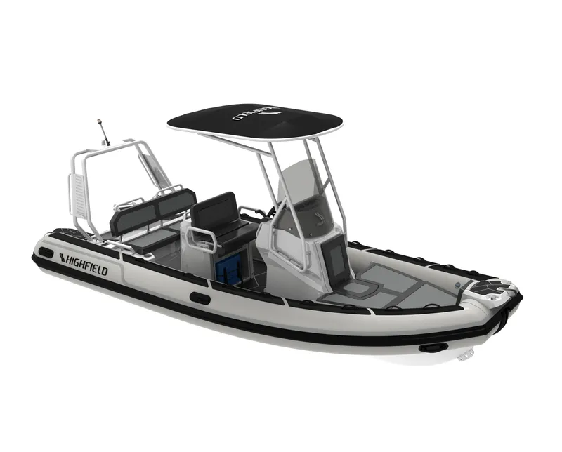 Slide: The Image of 2025 Highfield Sport 560 boat with canopy and sleek design. - 1