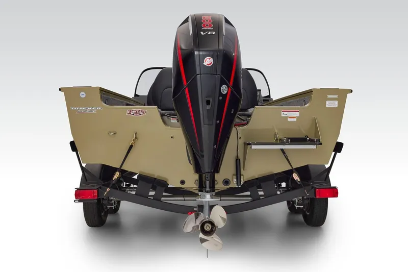 Slide: The Image of 2026 Tracker Targa V-19 Combo boat, rear view with powerful V8 engine. - 56