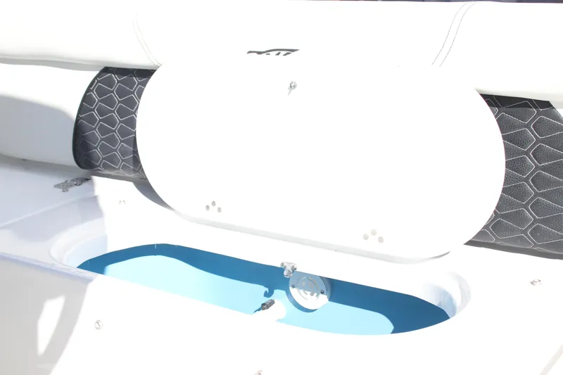 Slide: The Image of 2026 Tidewater 220 LXF boat interior with open storage compartment and hexagonal pattern accents. - 18
