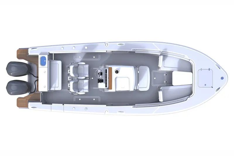 Slide: The Image of Manufacturer Provided Image: Top view of 2025 Southport 27 FE boat layout with dual engines. - 12