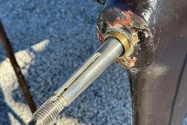 Slide: The Image of Close-up of a 1989 Pacific Seacraft Crealock sailboat's rudder shaft detail. - 13
